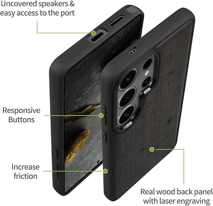 Carveit Magnetic Wooden Case for Samsung Galaxy S26 Ultra Case 2026, TPU Shockproof Cover & Wood Artisan Engraved, Compatible with MagSafe Wireless Chargers (World Map) Blackwood