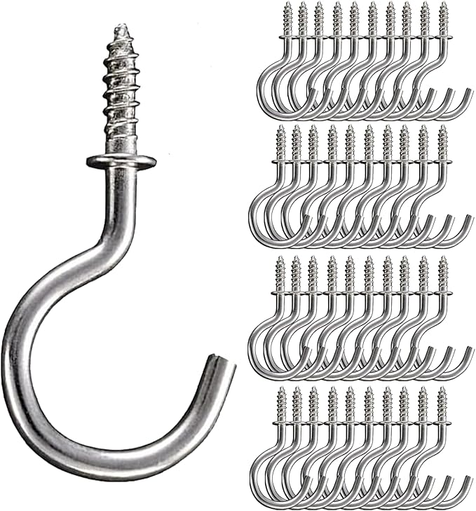 Set of 40 Nickel Plated Metallic Silver Cup Hooks - Small, 7/8 Inch Delicate Size, Versatile Threaded Ceiling Hooks & Silver Screw Hooks for Multi-Purpose Use