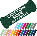 TECEUM Cotton Rope 3/16” (5 mm) – 50 FT – Strong All-Purpose Braided Rope – Natural Cotton – for Crafting, Сamping, Clothes Line, DIY, Indoor & Outdoor Use – Dark Green