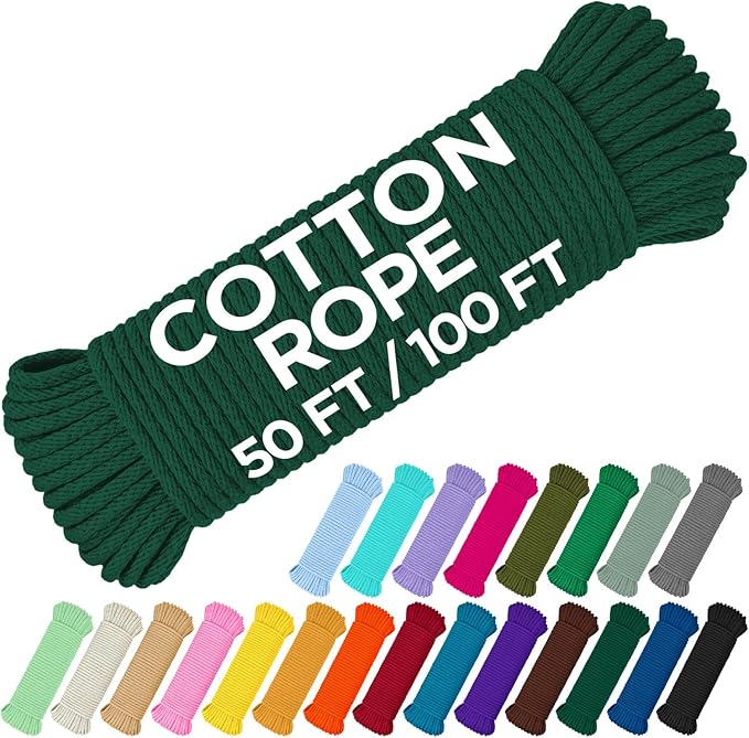 TECEUM Cotton Rope 3/16” (5 mm) – 50 FT – Strong All-Purpose Braided Rope – Natural Cotton – for Crafting, Сamping, Clothes Line, DIY, Indoor & Outdoor Use – Dark Green