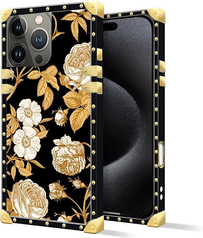 Compatible with iPhone 16 Pro Case, Blooming Rose Golden Flower Luxury Golden Decoration for Girl Women Soft TPU Shockproof Protective Hard PC Back for iPhone 16 Pro