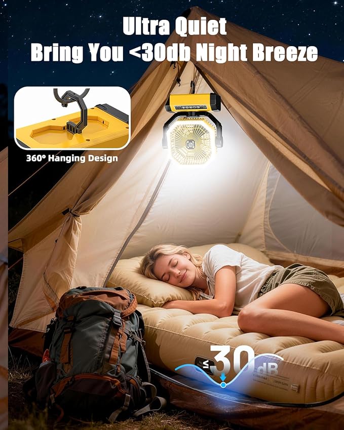 Battery Powered Fan - 9-Inch Rechargeable Fan Portable, 24000mAh(60Hrs) Camping Fans for Tent, Auto Oscillation Cordless, Tent Fans for Camping with Remote/light, 4 Speeds, 4 Timing, Outdoor, Yellow