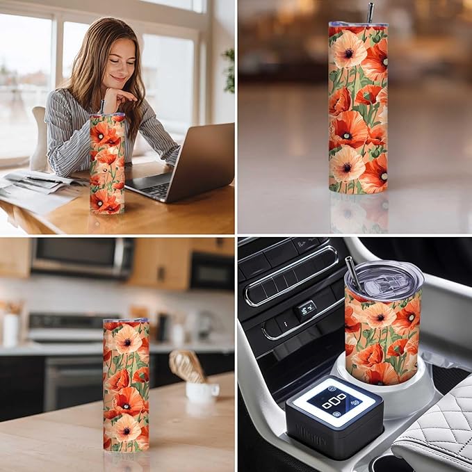 Firmiso 20 oz Tumbler | Skinny Insulated Travel Mug with Leak-proof Lid and Telescopic Straw | Poppy Floral Stainless Steel Coffee Cup for Hot & Cold Drinks | Christmas Gifts for Women and Men
