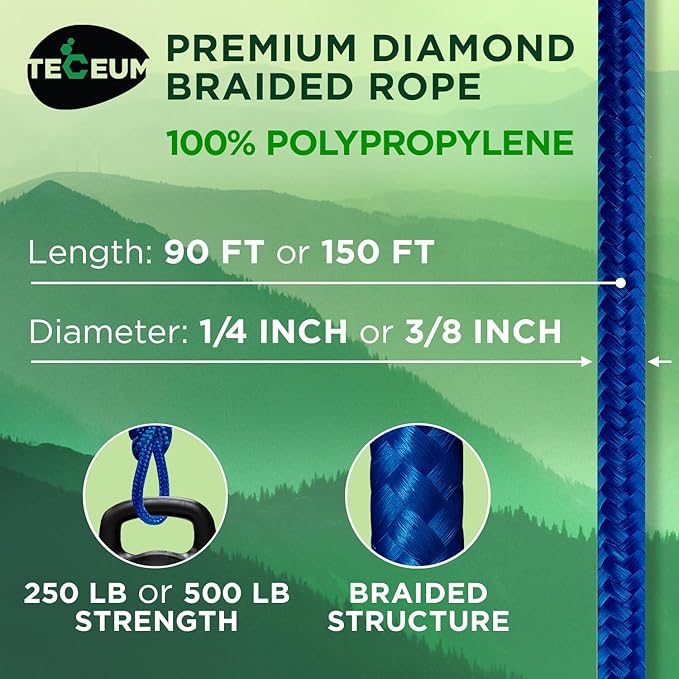 TECEUM Rope – 150 Feet x 1/4 Inch (7mm) – Blue – Strong All-Purpose Utility Rope – Camping, Crafting, Flag Pole, Indoor & Outdoor – Polypropylene Nylon Poly Lightweight Diamond Braided Cord