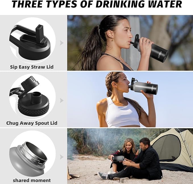 32oz Insulated Water Bottle (Cold for 48 Hrs),BPA Free&Leak Proof,Stainless Steel Water Flask,Water Jug with Straw Spout Lids for Gym,Hiking,Travel,Grey Black