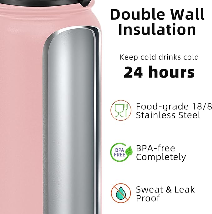 Fanhaw 32 oz Insulated Stainless Steel Water Bottle with Straw Lid, Leakproof Sports Bottle for Men, Women & Teens (Pink)