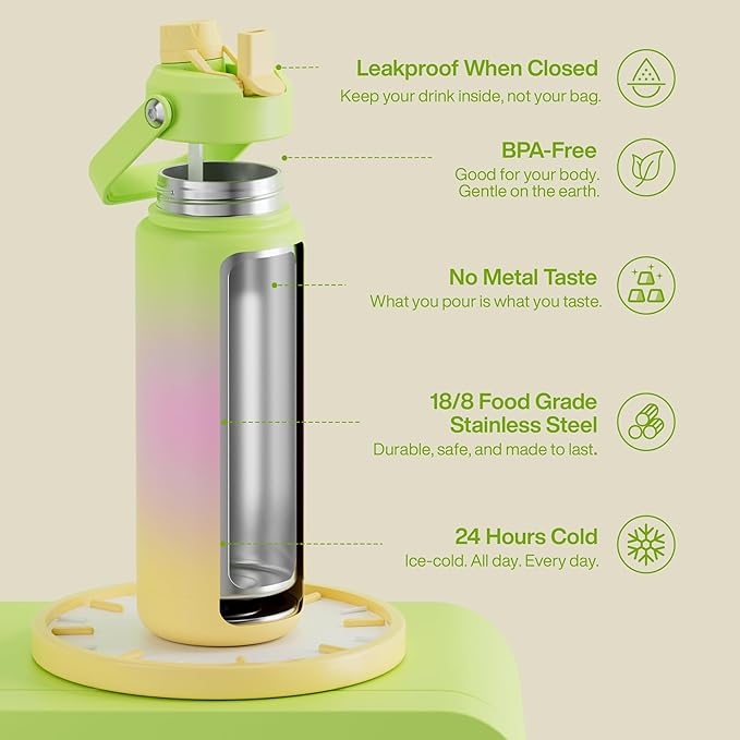 ENCOOL Insulated Water Bottle with Straw Stainless Steel Water Bottle, Leak-Proof, BPA-Free, Double Wall Vacuum Keeps Cold for 24 Hours for Sports, Travel, School (32 oz, Morning Dew)