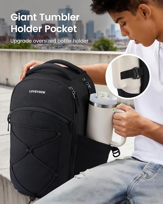 LOVEVOOK Everyday Laptop Backpack for Women & Men With Giant Tumbler Holder,15.6 Inch Classic Travel Work College Teacher Carry on Backpack Purse,Waterproof Computer laptop Bag Hiking Backpack,Black