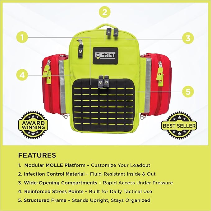 MERET V.E.R.S.A.™ PRO X EMS Backpack (High Viz Yellow) – Modular ALS BLS Trauma Bag with Infection Control Material, Laser Cut MOLLE, Padded Harness System