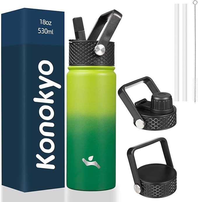 Konokyo 18 oz Insulated Water Bottle Stainless Steel Sport Bottles with 3 Lids,Bamboo Grove