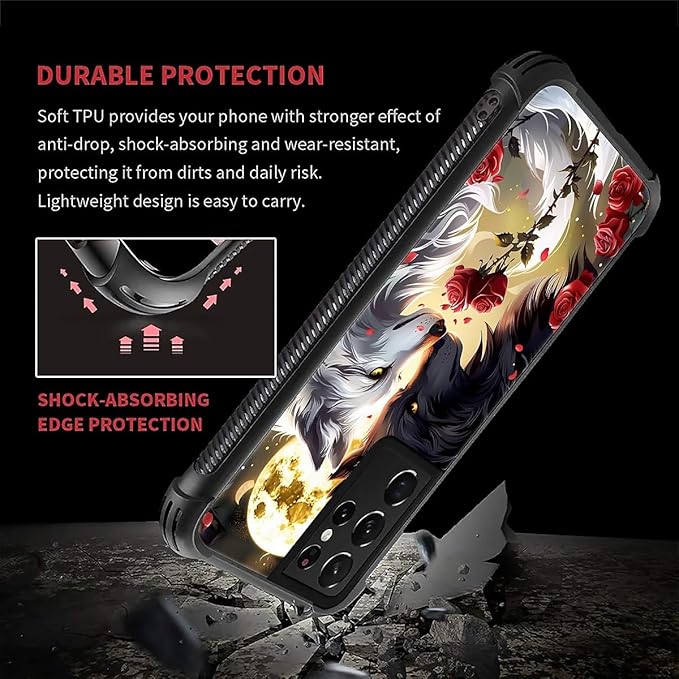 for Samsung Galaxy S21 Ultra Case, Black White Wolf Moon Flower Rose Pattern Graphic Design Girl Boy Soft Silicone Hard Acrylic Shock Protection for Samsung Galaxy S21 Ultra