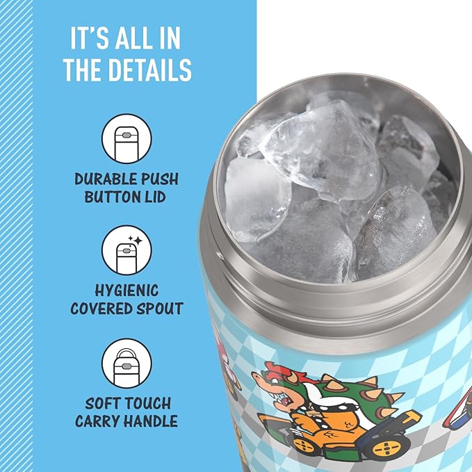 THERMOS FUNTAINER 16 Ounce Stainless Steel Vacuum Insulated Bottle with Wide Spout Lid,Mario,(Pack of 6)