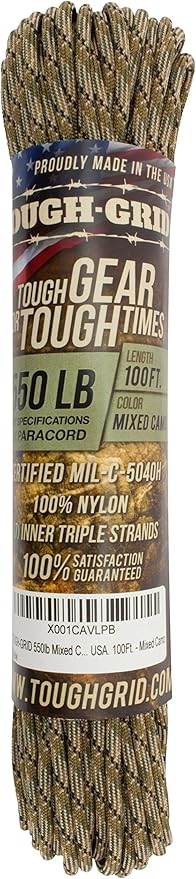TOUGH-GRID 550 Paracord, Type III Mil-Spec Nylon Rope - 100 Ft Mixed Camo Tactical Survival Cord