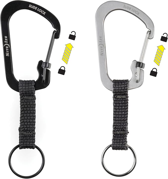 Nite Ize SlideLock Key Ring, Aluminum Locking Carabiner Key Chain with Webbing, Stainless Steel