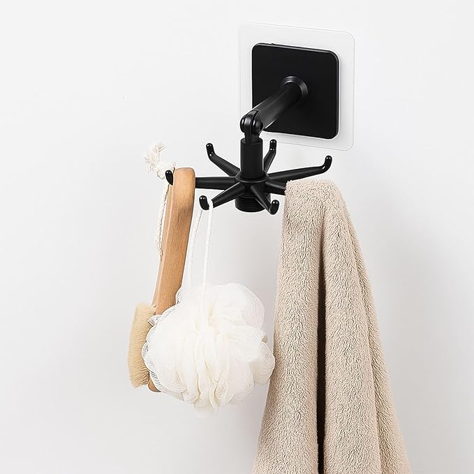 4 Pieces 360 Rotating Folding Hook Multi-purpose Hanging Utensil Holder Hook 180 Degrees Vertical Flip Self-Adhesive Hook Utensil Rack with 6 Hooks for Kitchen Bathroom Cabinet Towel (Black, White)