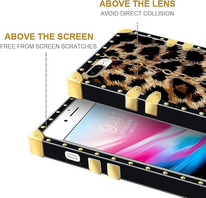 Compatible with iPhone 8 7 SE Case, Seamless Gold Chain Leopard Luxury Golden Decoration for Girl Women Soft TPU Shockproof Protective Hard PC Back for iPhone 8 7 SE