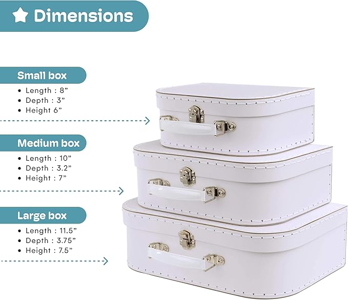 Jewelkeeper Paperboard Suitcases, Set of 3 Vintage Decorative Storage Box, Luggage Decor Storage, Vintage Decor for Birthday, Weddings, White Design