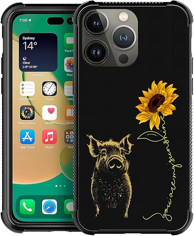 for iPhone 13 Pro Case, Pig Sunflower Yellow Sunshine Pattern Graphic Design Girl Boy Soft Silicone Hard Acrylic Shock Protection for iPhone 13 Pro