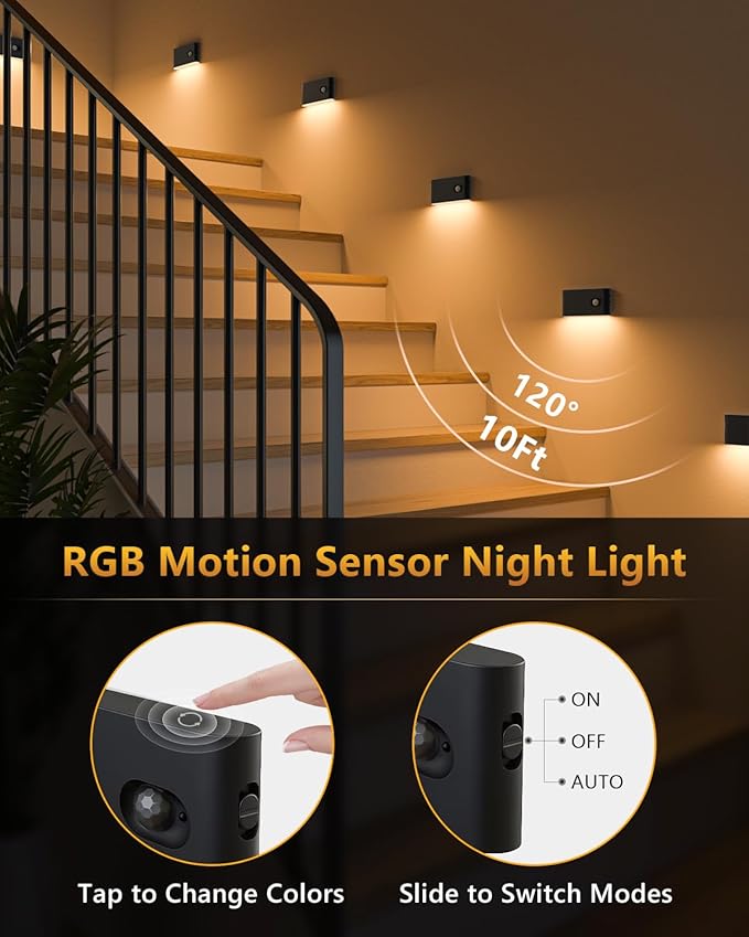 WILLED Motion Sensor Light Indoor, RGB & Warm White Motion Sensor Night Light, Rechargeable Stair Lights Indoor, Color Changing Night Light for Stair,Hallway,Bathroom,Cabinet,Kitchen,10 Pack