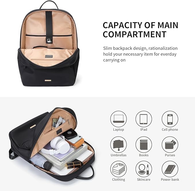 GOLF SUPAGS Laptop Backpack for Women Slim Computer Bag Work Travel College Backpack Purse Fits 15.6 Inch Notebook (Black)
