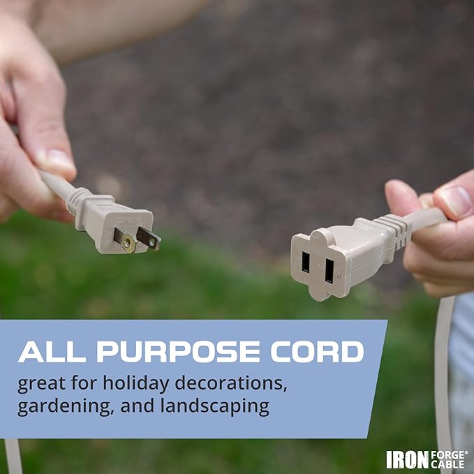 Iron Forge Cable 2 Prong Extension Cord 25 ft - 16 Gauge 13 Amp Heavy Duty Outdoor 2 Prong Power Cord - SJTW - Great for Landscaping, Deck, Outdoor Lights - Tan