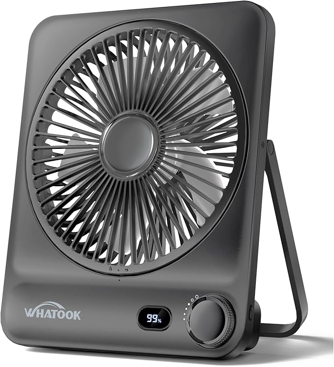 WHATOOK Large Travel Desk Fan: 10000mAh Battery 40 Hours Runtime Silent Rechargeable Fans, Quite Personal Portable Fan for Camping Bedroom Office Small Desktop fan (8.3 * 7.1inch Black)