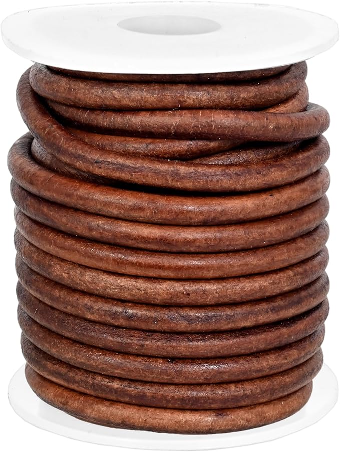 GENIQUE Real/Genuine Round Leather String Cord for Necklace, Bracelets, Jewellery, Braiding (Saddle Brown Distressed, 4mm)