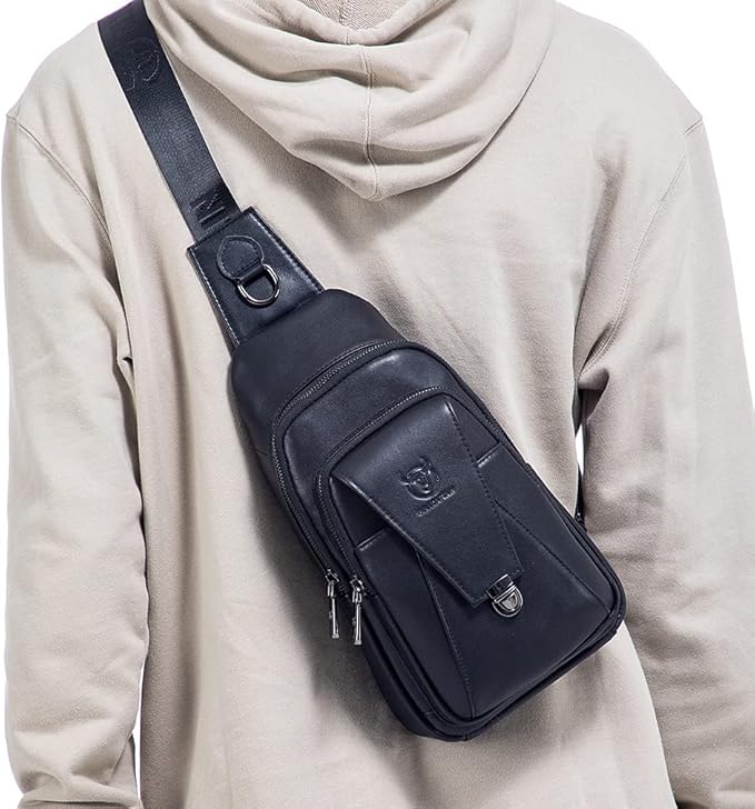 Hebetag Leather Sling Bag Crossbody Backpack for Men Women Outdoor Travel Work Shoulder Chest Pouch Camping Casual Daypack Black 18cm(W) x8cm(D) x30cm(H)(7.08"x3.14"x11.81") approx;