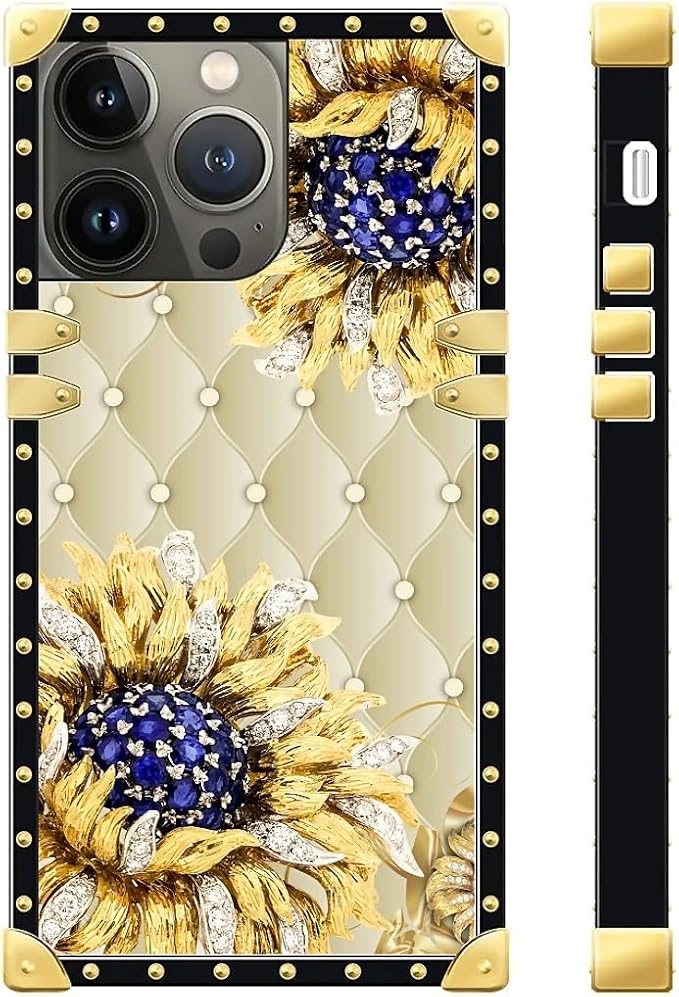 Compatible with iPhone 13 Pro Max Case, Sunflower Diamonds Leather Luxury Golden Decoration for Girl Women Soft TPU Shockproof Protective Hard PC Back for iPhone 13 Pro Max