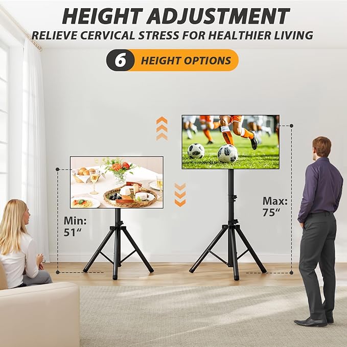 TVON TV Tripod Stand for 23-80 inch Flat Screen/Curved TVs, Portable TV Stand with ±15° Tilt and Height Adjustment Holds up to 100lbs, Floor TV Stand Display Max VESA 600x400m