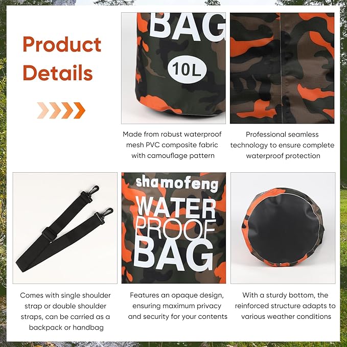 Waterproof Dry Bag 5L/10L/15L/20L/30L Roll Top Dry Storage Backpack with Phone Case, Collapsible Water Bottle, Sunglasses, Ear Band for Kayaking Boating Swimming Fishing Camping, Orange 15L
