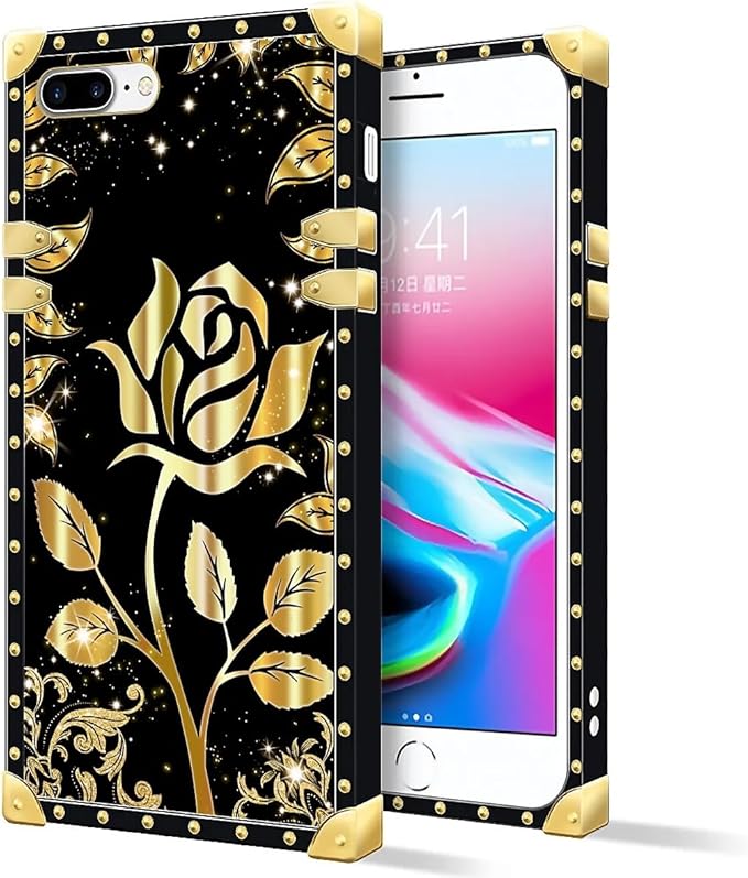 Compatible with iPhone 8 7 SE Case, Shine Gold Rose Luxury Golden Decoration for Girl Women Soft TPU Shockproof Protective Hard PC Back for iPhone 8 7 SE