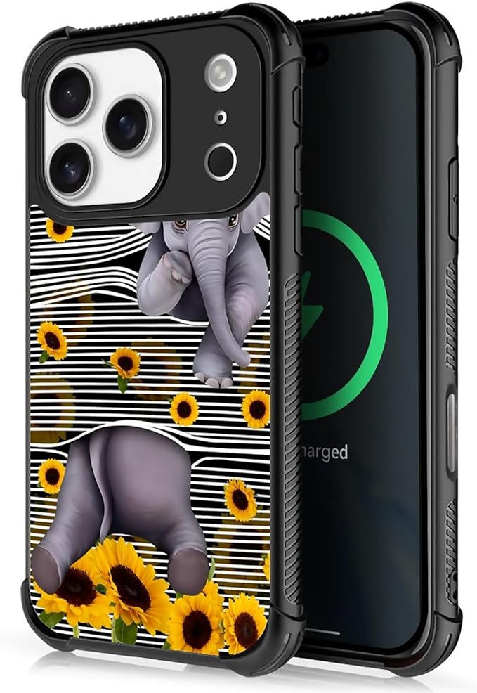 for iPhone 17 Pro Case,for MagSafe Graphic Design for Girl Boy Soft Silicone Hard Acrylic Shock Protection Designed for iPhone 17 Pro Cute Little Elephant Sunflower White Line Art Pattern