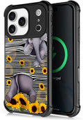 for iPhone 17 Pro Case,for MagSafe Graphic Design for Girl Boy Soft Silicone Hard Acrylic Shock Protection Designed for iPhone 17 Pro Cute Little Elephant Sunflower White Line Art Pattern