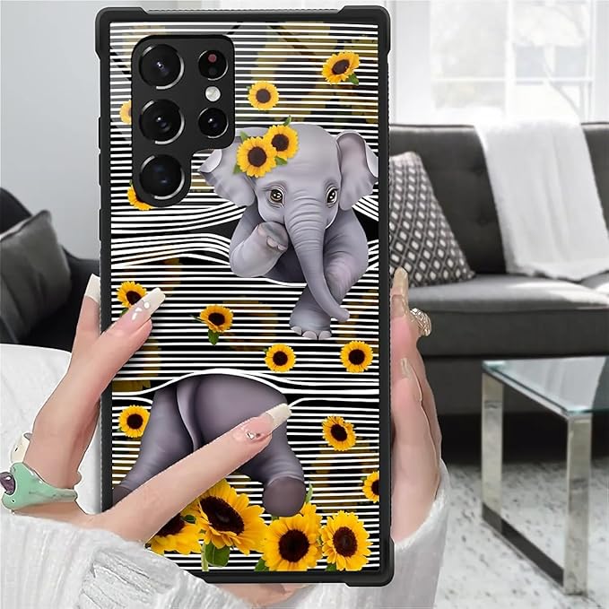 for Samsung Galaxy S23 Ultra Case, Cute Little Elephant Sunflower White Line Art Pattern Graphic Design Soft Silicone Hard Acrylic Shock Protection for Samsung Galaxy S23 Ultra