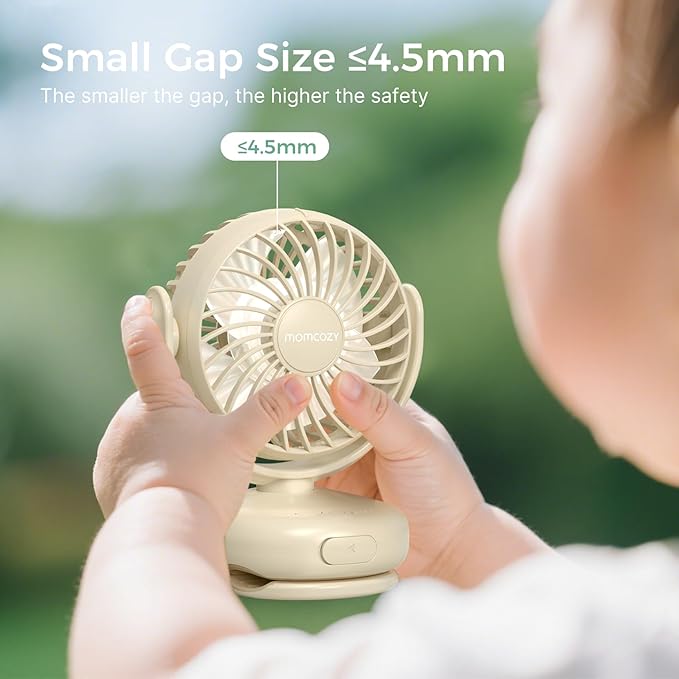 Momcozy Portable Stroller Fan with Clip | 4-Speed Mini-Fan for Carrier | Personal Fans Ultra Light 0.26lb | Gaps ≤4.5mm | Handheld Cooling | Rechargeable Rotate for Diaper Backpack/Table/Chair