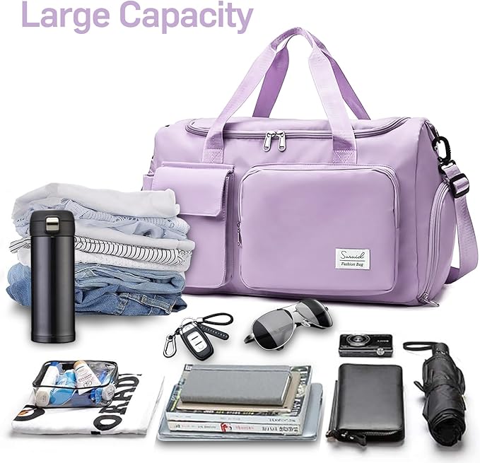 Suruid Travel Duffel Bag with Shoes Compartment Sports Gym Bag with Dry Wet Separated Pocket for Men and Women, Overnight Bag Weekender Bag Training Handbag Yoga Bag - Purple