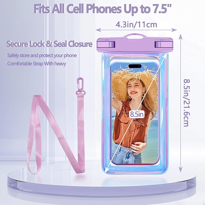 Waterproof Case Compatible with iPhone 14 Pro Max/13/12/11/XR/X/SE/8/7, Galaxy S22/S21 Google up to 7.5" IPX8 Dry Bag Vacation Essentials (Dazzling - 4pack)