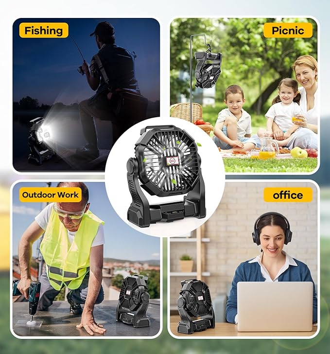 DOWILLDO 30000mAh Portable Battery Powered Camping Fan - with LED Light, Quiet Battery Operated, Camping Gear for Travel, Tent, Beach, Car or Hurricane Power Outages, Black