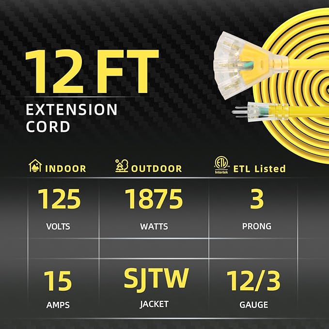 12FT 12 Gauge Heavy Duty Outdoor Extension Cord Waterproof with 3 Outlets Splitter & Lighted End, SJTW 15A 1875W 3 Prong Weatherproof Electric Cable Multi-Plug 3 way Power Cord, ETL Listed for Outside