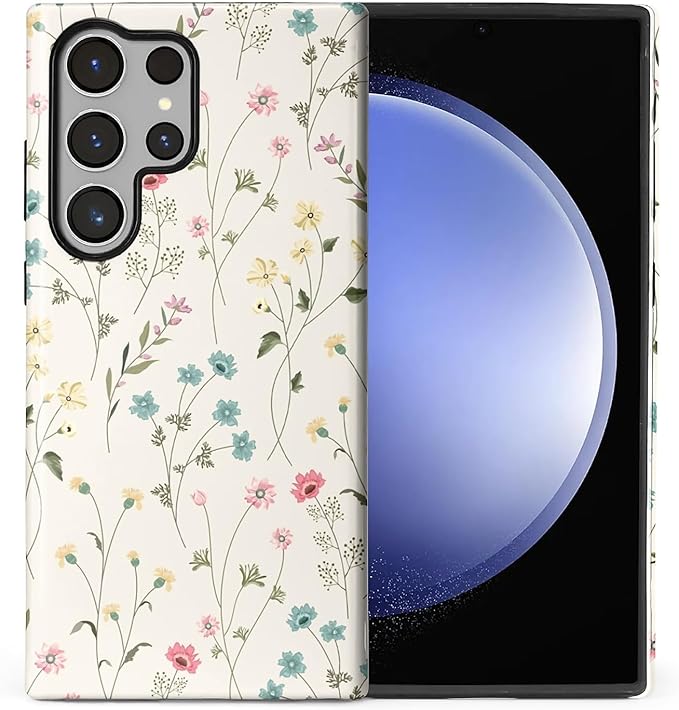 for Samsung Galaxy S24 Ultra Case,HL2 Beige Flower Branch Hybrid 2 Layer Hard Shell Silicone Protective Pattern Design Case