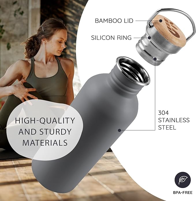 Bambaw Stainless Steel Water Bottle, 750 ml, Grey Sports Bottle, Non-Insulated Metal Water Bottle, Reusable, 750 ml, BPA-Free Flask, Leakproof – Stormy Gray