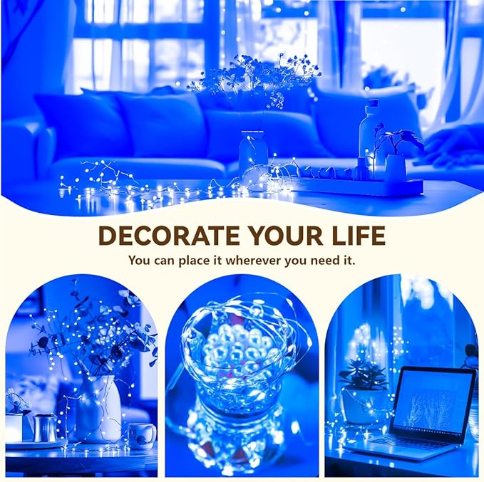 HXWEIYE Rechargeable Fairy Lights Battery Operated, DIY Timer & 8 Modes, 2 Pack 16FT 50LED Twinkle String Lights Indoor, Led mini Lights for Bedroom Wedding Dorm Christmas Tree Decor (Blue)