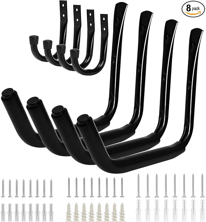 KURUI Heavy Duty Garage Storage Hooks, 100 LB (15") Wall Mount Kayak Rack for Hanging Indoor/Outdoor, 8 Pack Large Wall Hook for Ladder Surfboards, Black Organization Hangers, Kayak Accessories