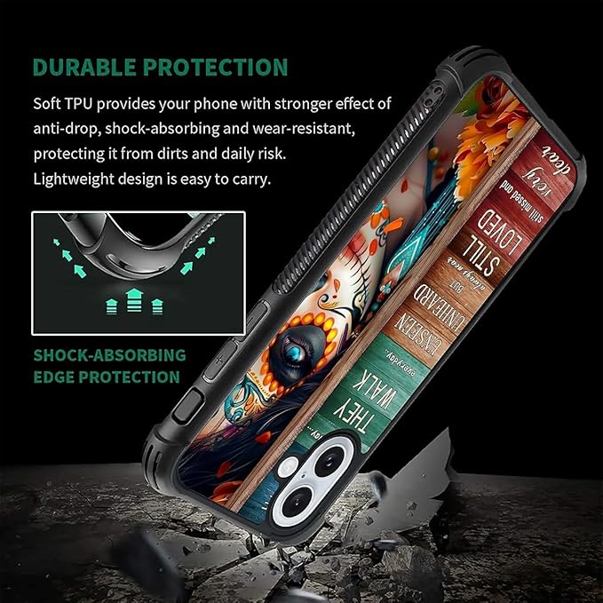 for iPhone 16 Case, Sugar Skull Day of Death Halloween Pattern Graphic Design Girl Boy Soft Silicone Hard Acrylic Shock Protection for iPhone 16