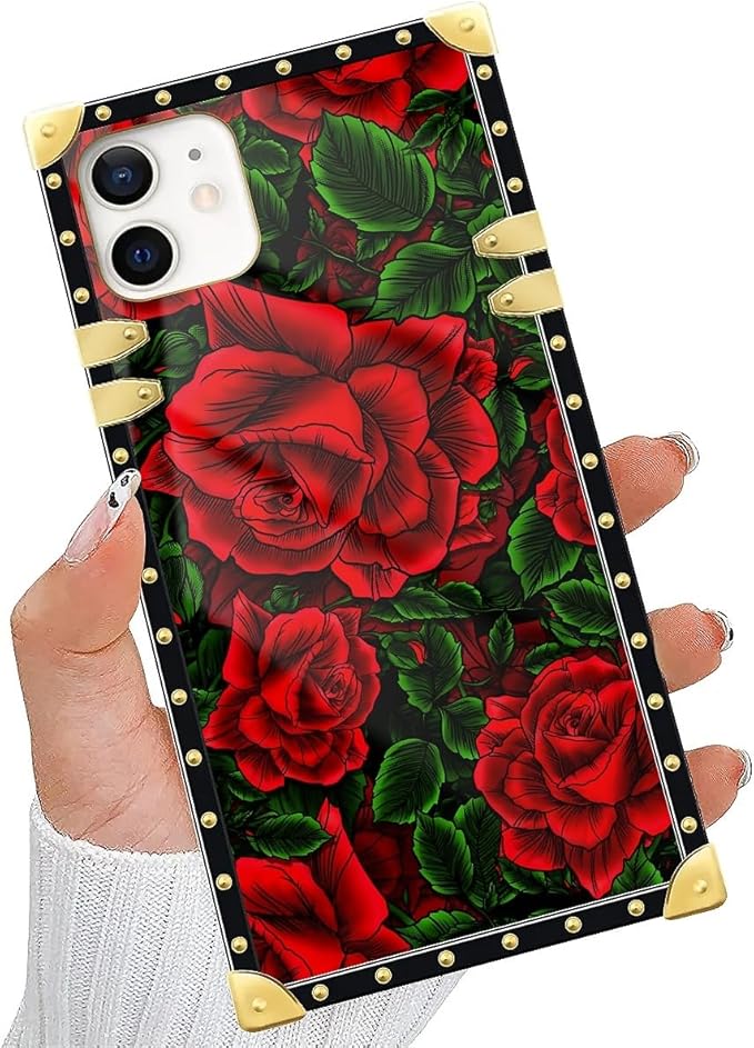 Compatible with iPhone 11 Case, Vector Red Rose Green Leaf Luxury Golden Decoration for Girl Women Soft TPU Shockproof Protective Hard PC Back for iPhone 11
