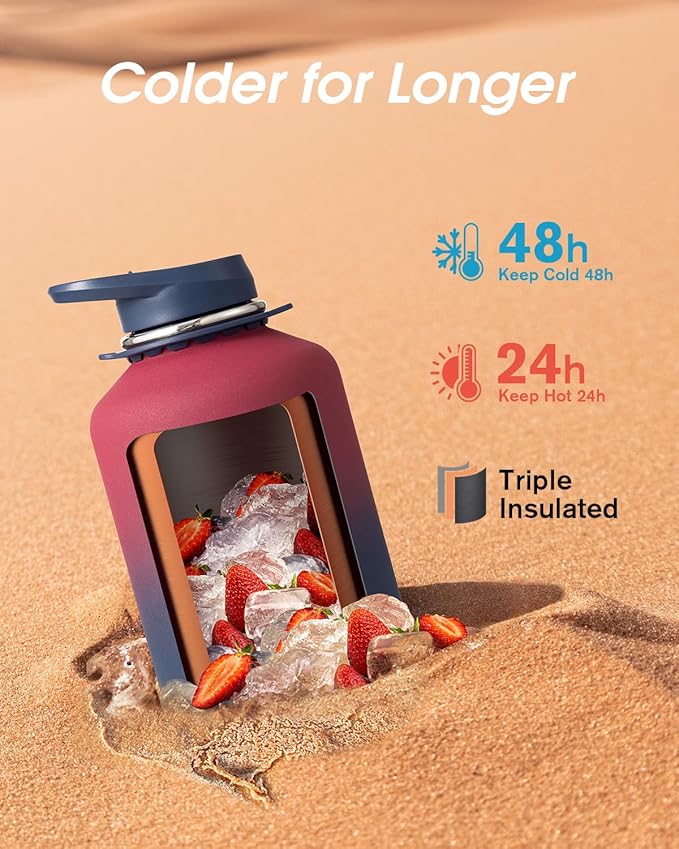 Coolflask Half Gallon Water Bottle with Strap, 64oz Insulated Water Jug Stainless Steel with Straw & Spout Lids, Metal Large Water Flask, Keep Cold 48h Hot 24h, Leak Proof, Non-BPA, Wine/Navy