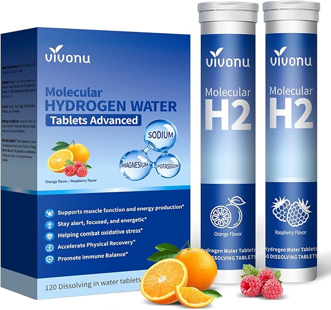 VivoNu Hydrogen Water Tablets with Electrolytes & Magnesium Complex, Vitamin C & D | 2 Flavors Pack (Orange & Raspberry) | Zero Sugar Electrolyte Powder Alternative for Rapid Hydration & Recovery