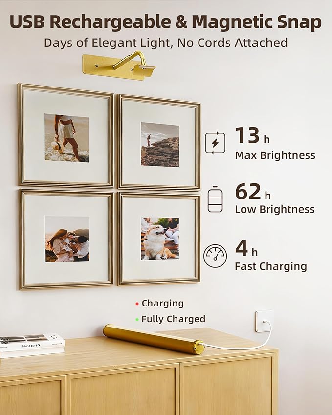 EZVALO Wireless Picture Light for Wall, 13 Inch 4000mAh Rechargeable Battery Painting Light with Remote, 3 Color Temps Dimmable Gold LED Art Light for Gallery, Living Room, Hallway