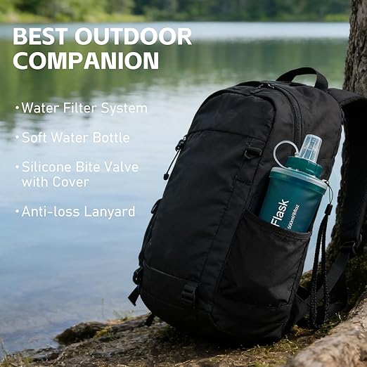 AXEN Collapsible Water Bottle with Filter System, Soft Hydration Flask for Trail Running, Camping, Hiking, Cycling, 500ml Slate Green